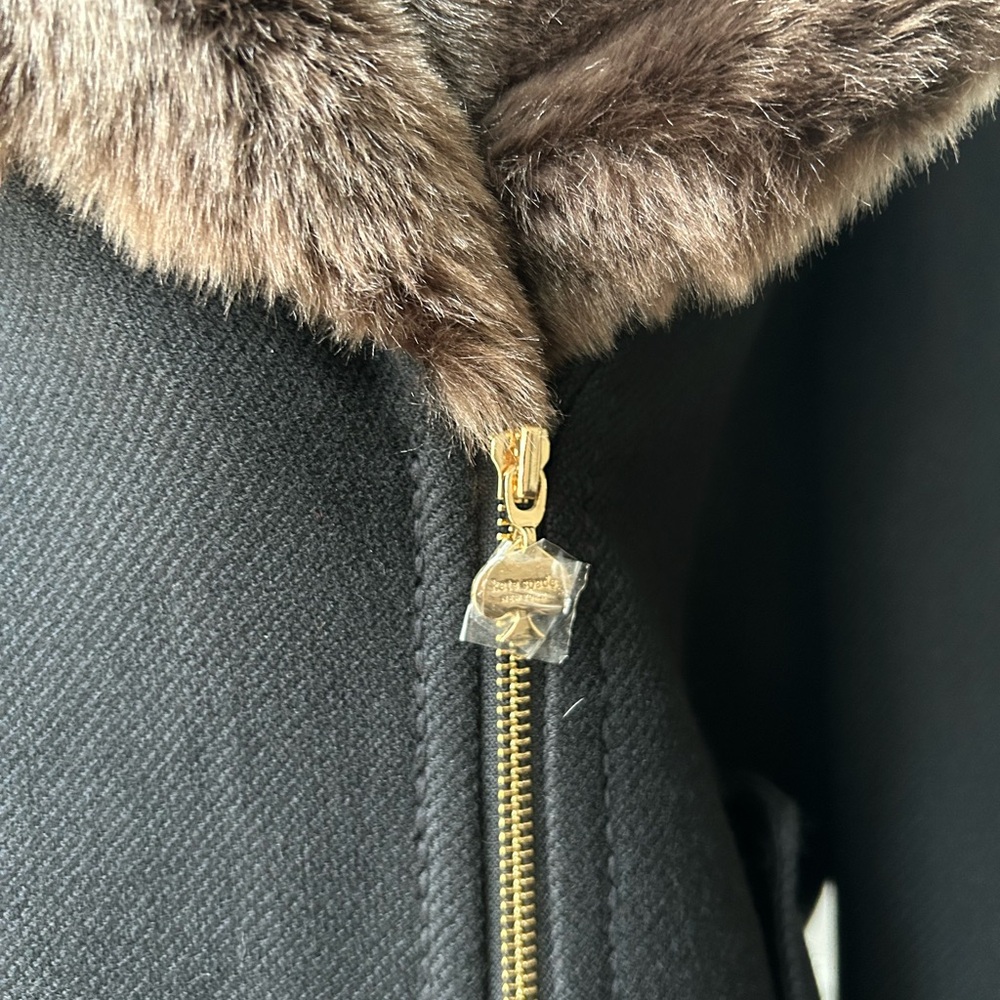 Kate Spade Black Bomber Jacket with Brown Faux Fur Collar, Size 14, NWOT - Picture 5 of 13